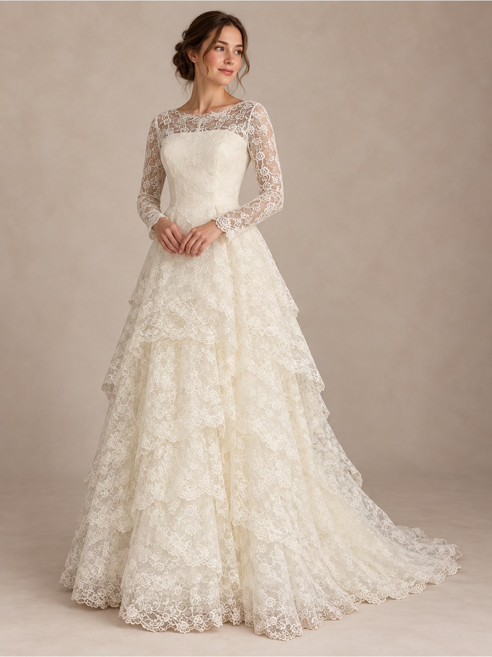 Vintage 1960s–70s Ivory Lace Wedding Dress | Long Sleeve Tiered Bridal Gown with